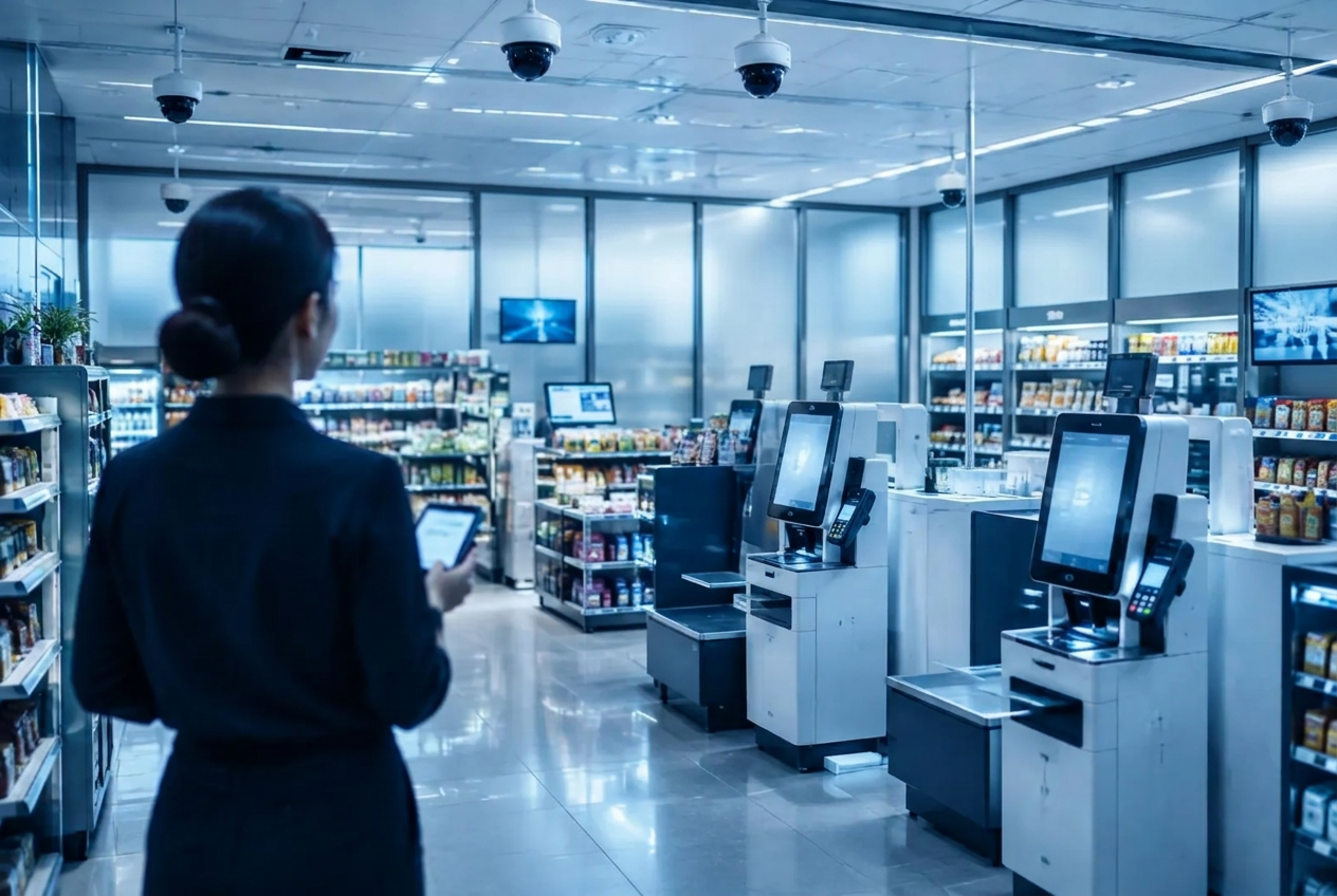 Store associate with a handheld device beside self-checkout kiosks and ceiling-mounted cameras