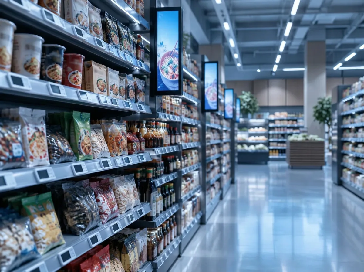 Modern Asian grocery aisle with electronic shelf labels and digital signage screens