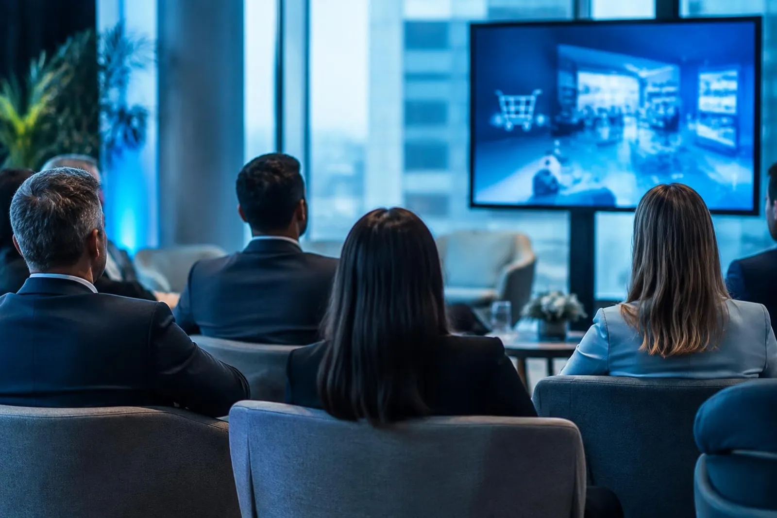 Executives seated at a roundtable session watching a presentation on retail technology