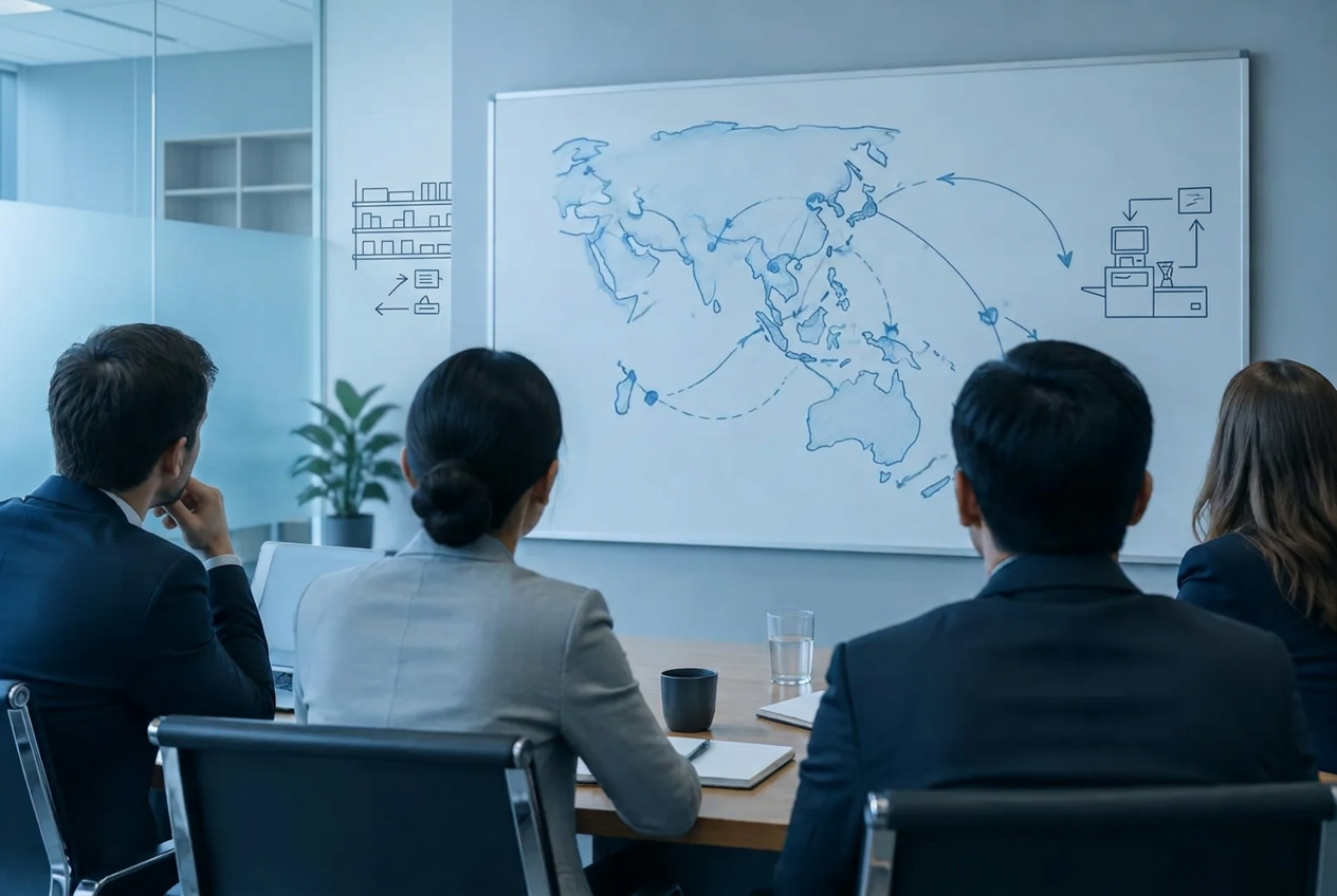Executives seen from behind reviewing an Asia-Pacific market map on a whiteboard