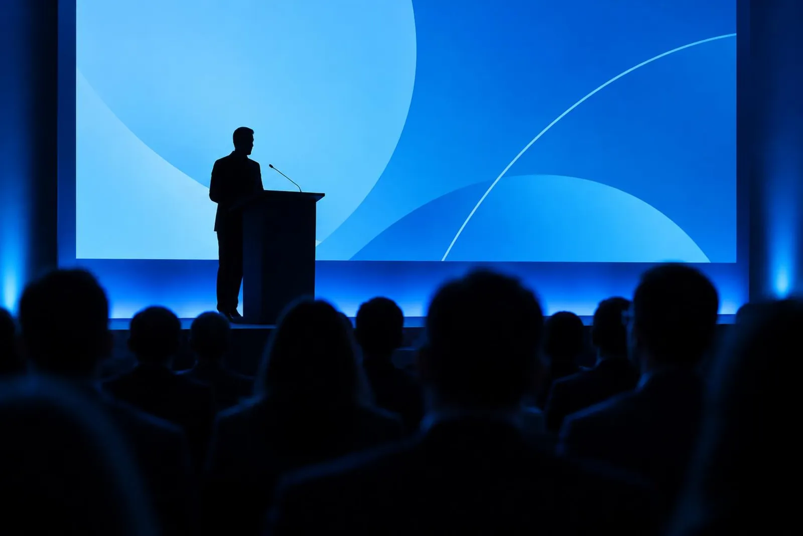 Speaker silhouetted at a lectern on a conference stage in front of a blue-lit screen