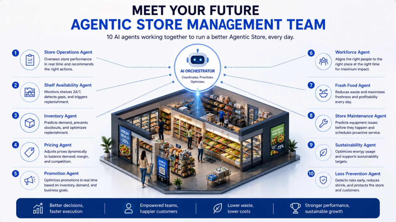 Infographic of a future agentic store management team: ten AI agents coordinated by an AI orchestrator across store operations
